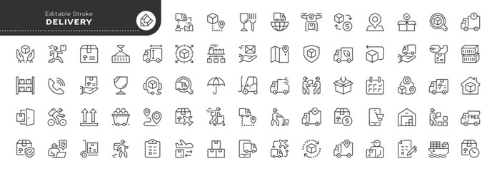 Delivery line icon set. Logistics, shipping, cargo transportation, cargo truck, package and more. Outline vector icons. Pictogram collection