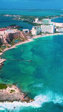 Aerial View of Cancun Hotel Zone and Turquoise Coastline