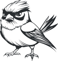 Black and white vector illustration of an angry bird with sharp features and detailed feathers