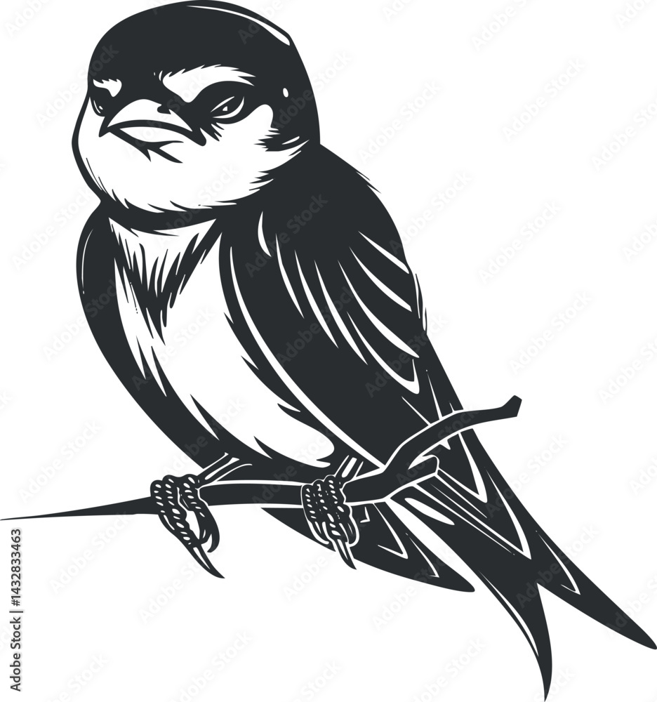 Poster black and white illustration of a swallow bird perched on a branch showcasing detailed feathers and 