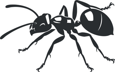 Black silhouette of an ant insect isolated on white background showing detailed body and legs