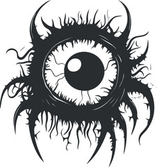 Black and white vector illustration of a scary monster eye with spiky tentacles and eerie details