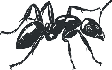 Black silhouette vector illustration of an ant with detailed body parts and six legs on white background