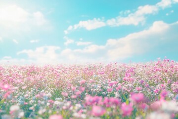 Obraz premium Serene field of vibrant pink and white cosmos flowers under a bright blue sky with fluffy clouds creating a peaceful idyllic spring landscape in soft focus