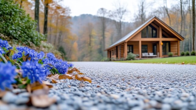 A modern wooden log cabin stands nestled in a misty autumn forest at the end of a gravel driveway, with vibrant blue flowers in the foreground.