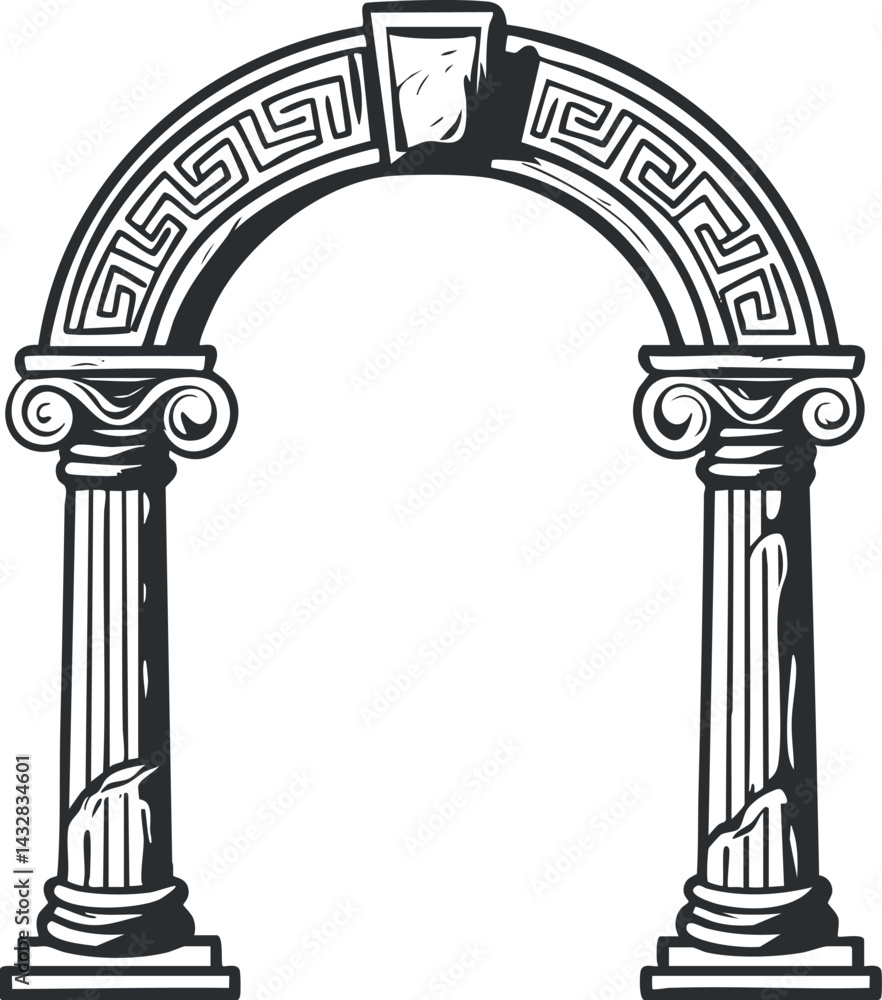 Poster black and white illustration of an ancient classical arch with decorative columns and ornate pattern