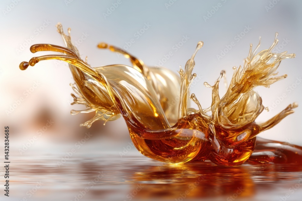 Poster dynamic splash of golden liquid creating abstract forms on reflective surface with soft background l