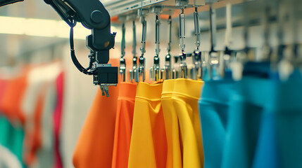 A robotic arm in a futuristic AI driven clothing factory, assembling smart textiles for fashion-forward wearables, Fashion-tech style