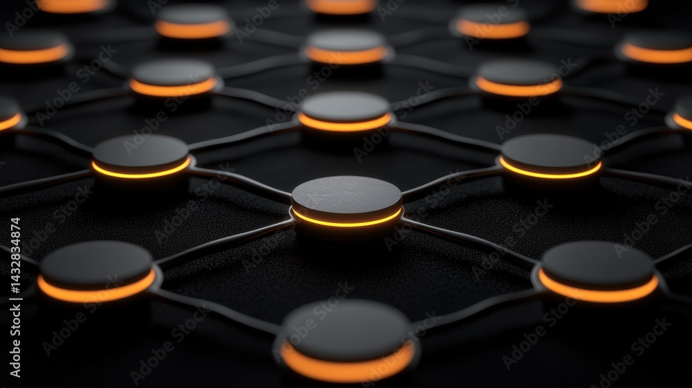 Poster a 3d rendering of a network of interconnected circles, glowing with a warm orange light.