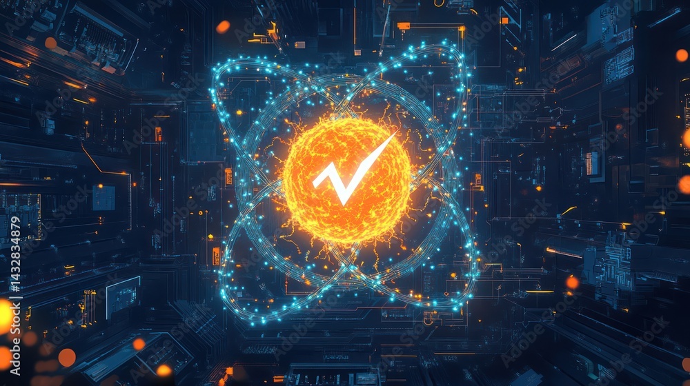 Poster abstract checkmark in atom core on tech background; science, technology, future