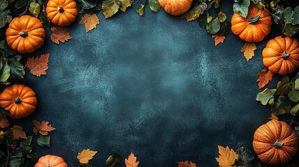 Obraz premium Pumpkins and autumn leaves arranged in a border on a dark blue background.