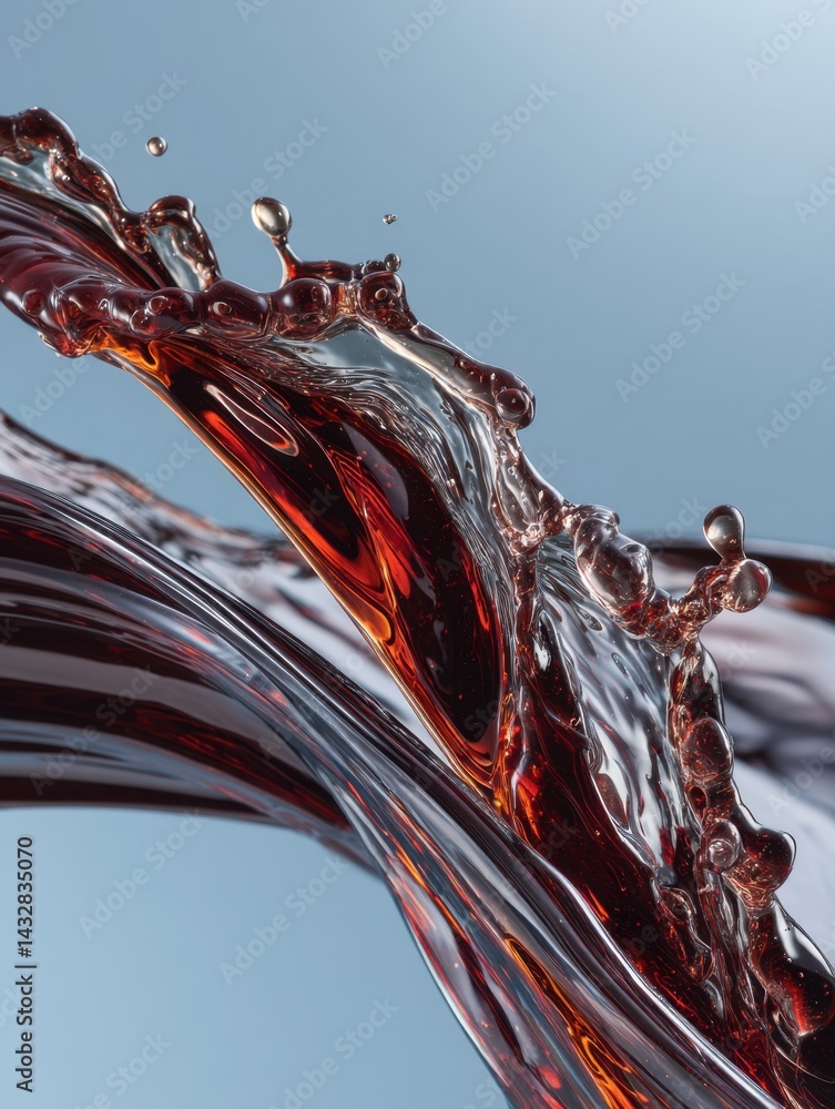 Poster dynamic liquid motion of dark red fluid creating splash and droplets against a soft blue background 