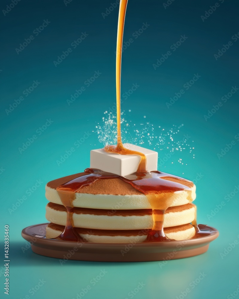 Poster delicious stack of pancakes with butter and maple syrup against a vibrant teal background capturing 