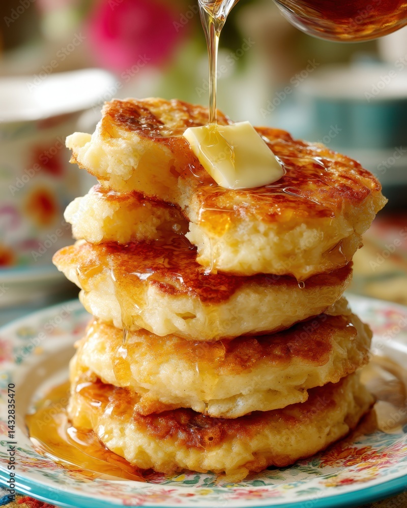 Aufkleber golden stack of delicious pancakes with melting butter and dripping honey for a sweet breakfast trea