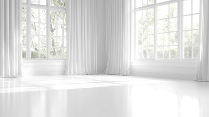 Bright White Room Interior with Sunlight Streaming Through Large Windows