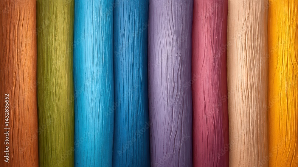 Poster a vibrant array of textured, colorful rolls resembling tree bark in various shades, showcasing artis
