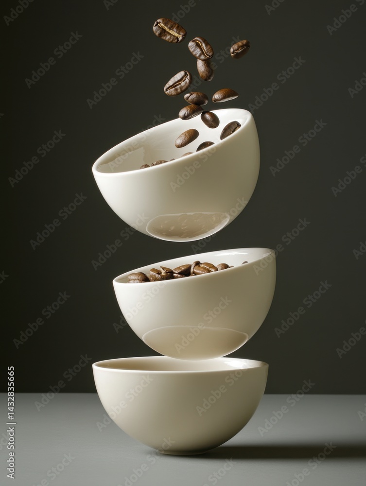 Aufkleber elegant coffee bean cascade into stacked bowls creating a visually stunning and balanced composition