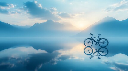 Fototapeta premium Misty mountain lake sunrise bike reflection