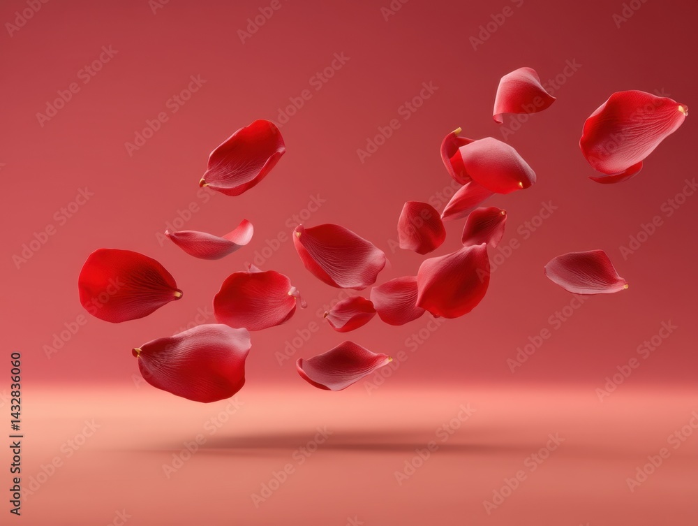 Poster delicate red rose petals gracefully floating in a serene studio setting creating a romantic and drea