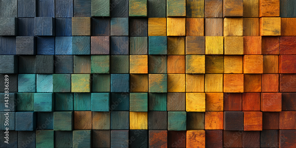 Poster colorful wooden cube texture, creating a geometric pattern with varied hues of blue, green, brown, a