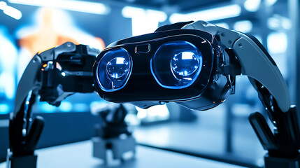 A robotic arm in a futuristic AI driven electronics lab, assembling advanced virtual reality headsets for immersive gaming, VR-tech style