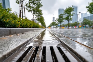 Fototapeta premium Rainwater flows into a city drain, modern urban drainage system, rainy day in the business district.