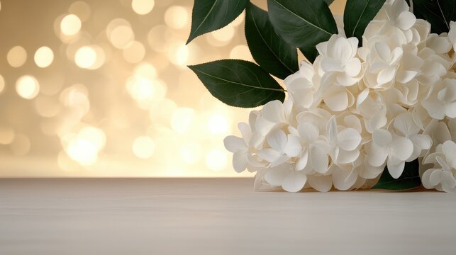 White lilac blossoms with green leaves rest on a light wooden surface against a warm golden bokeh background.