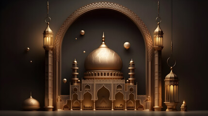 A grand, ornate gold and black mosque with intricate details and hanging lanterns, set against a dark background with floating golden orbs.