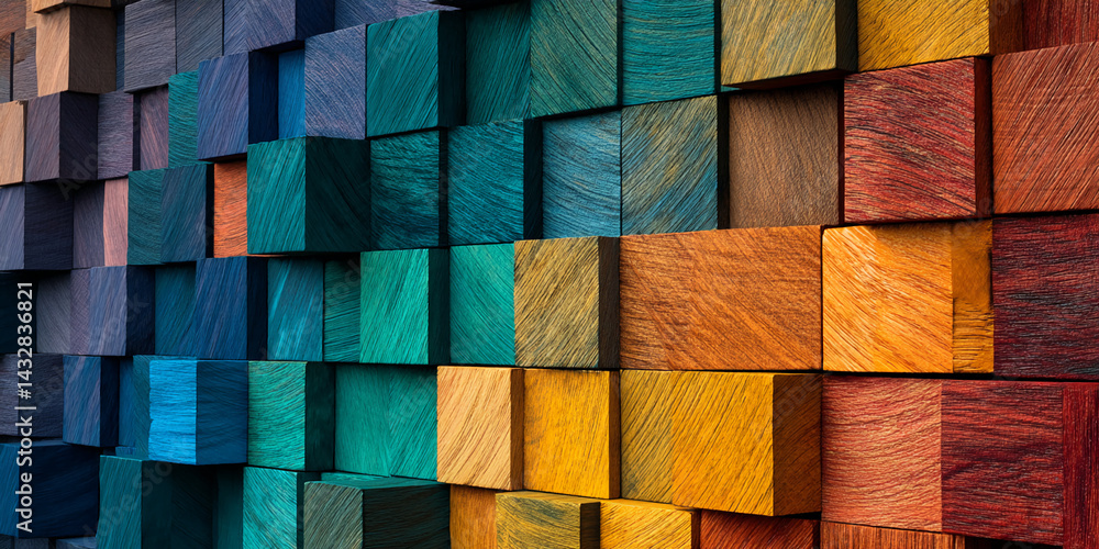 Poster colorful wooden cubes texture, creating a vibrant and textured background, showcasing a modern and a