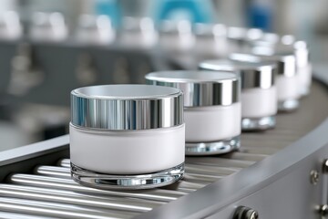 White cosmetic jars with silver lids on a conveyor belt, cosmetic product manufacturing process in a factory.