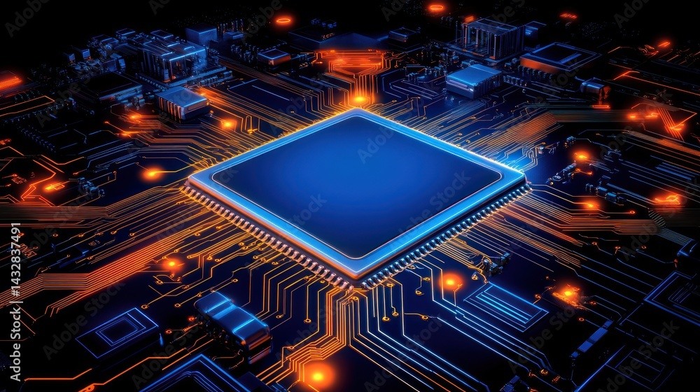 Poster microchip on circuit board glows with activity, for design of technological content