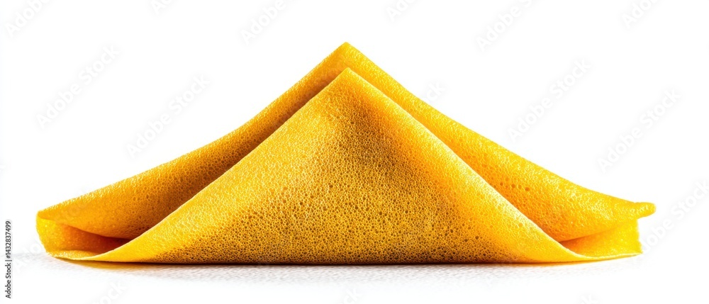 Poster golden crepe folded in triangle shape on white background showing its delicate texture and vibrant c