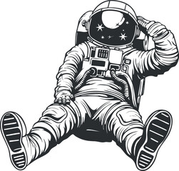 Illustration of an astronaut in a detailed space suit floating in space with stars reflected on helmet.