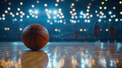 Basketball on a court under stadium lights, team players in the background. Shows sports, game, competition, fitness, and athletic activity concept.