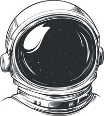 Black and white vector illustration of an astronaut helmet showing outer space reflection on the visor © vadymstock
