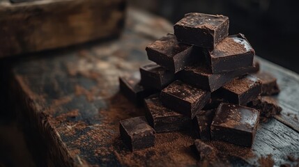 Delicious fudge squares piled on rustic wooden surface dusted with cocoa. Use for baking, dessert recipes, or decadent treat blog post.