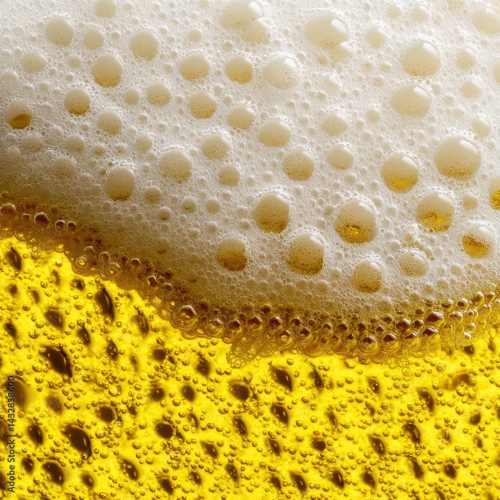Poster golden beer bubbles and frothy foam texture close up refreshing beverage background macro shot for d