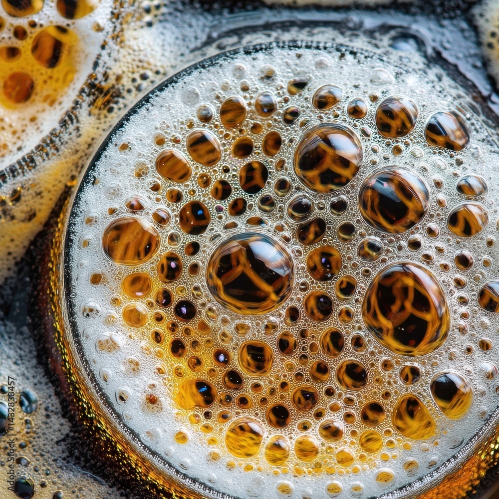 Poster close up of amber beer with dense white foam and intricate bubble patterns in a glass from above, sh