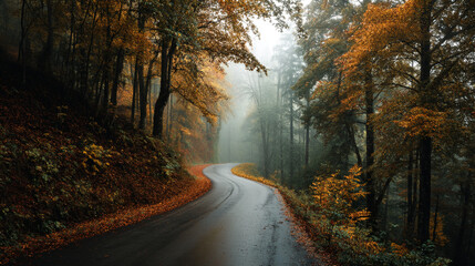 Obraz premium Curving road through autumnal forest, misty atmosphere, orange and brown leaves, suggesting journey, tranquility, fall season