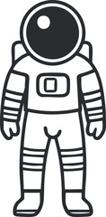 Black and white line drawing of an astronaut in a spacesuit standing facing forward with helmet reflective visor