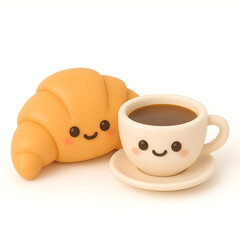 Croissant and coffee. 3D funny foods and drinks character.