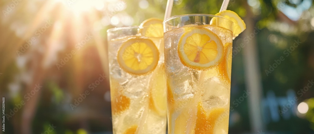 Poster refreshing lemonade with lemon slices and ice cubes in glass under sunlight for summer refreshment a