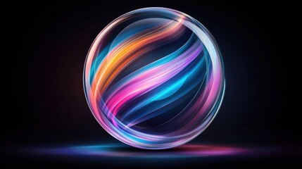 A digital illustration of a translucent sphere with multicolored swirling lines.