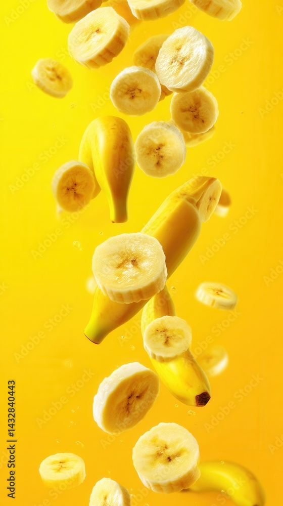 Poster fresh ripe banana slices falling in vibrant yellow background creating a dynamic and refreshing trop