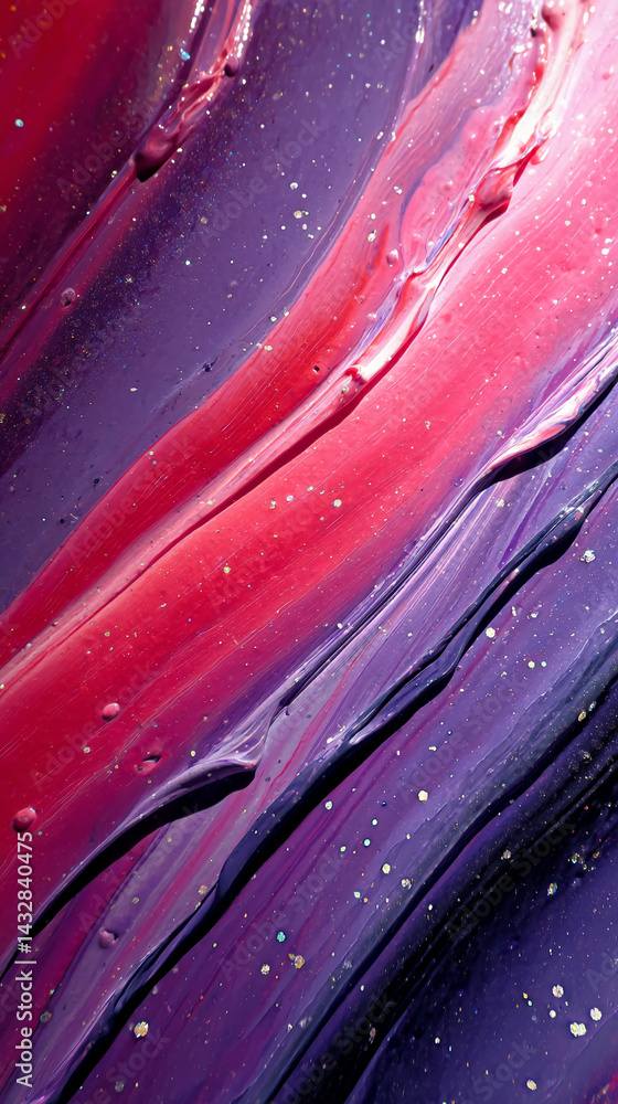 Poster Abstract painting with red and purple streaks, interspersed with glitter, creating a dynamic and vibrant texture, showcasing artistic expression and color interplay