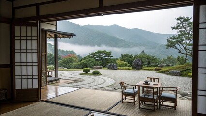 Morning view of the Japanese garden offers a tranquil outdoor scene