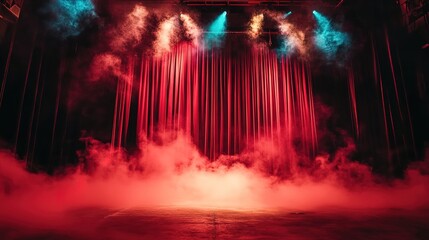Fototapeta premium A grand stage with red curtains illuminated by colorful lights and surrounded by smoke, exuding an air of mystery and anticipation.
