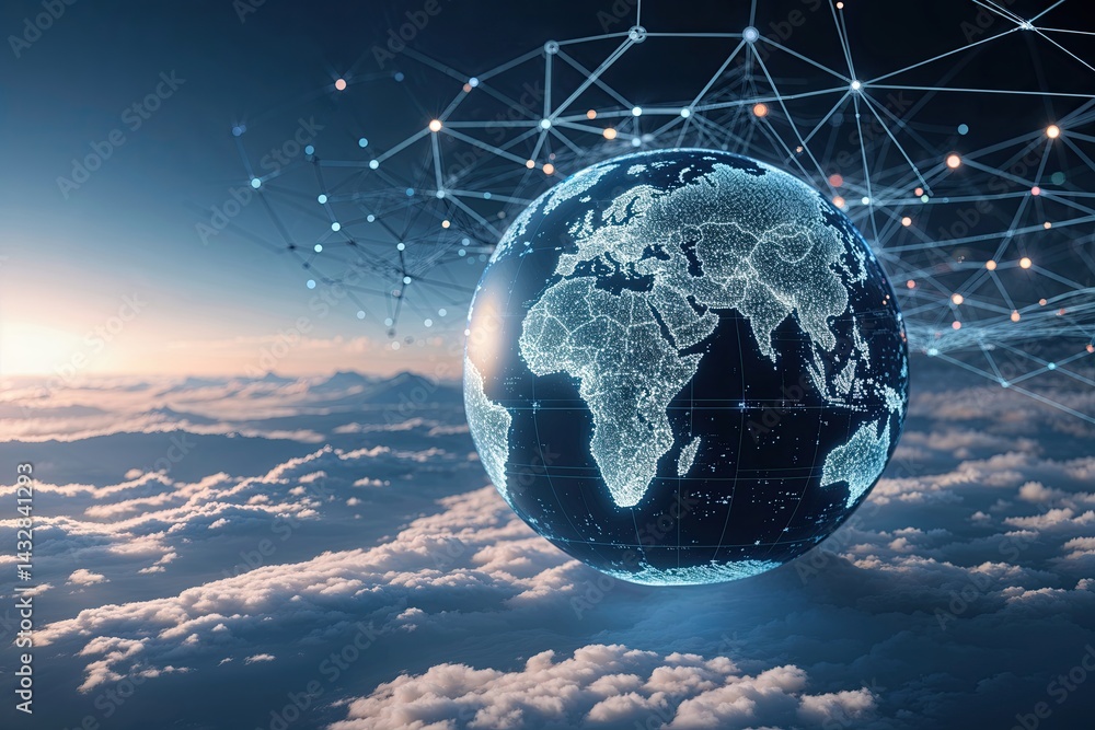 Aufkleber global network composition with an interconnected globe in cyberspace landscape
