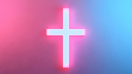 Fototapeta premium A white cross on a pink and blue gradient background.