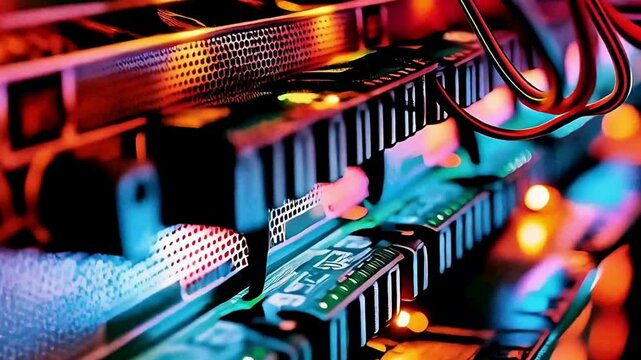 Close-up of network cables and glowing fiber optics revealing core data center infrastructure and digital connectivity for modern communication